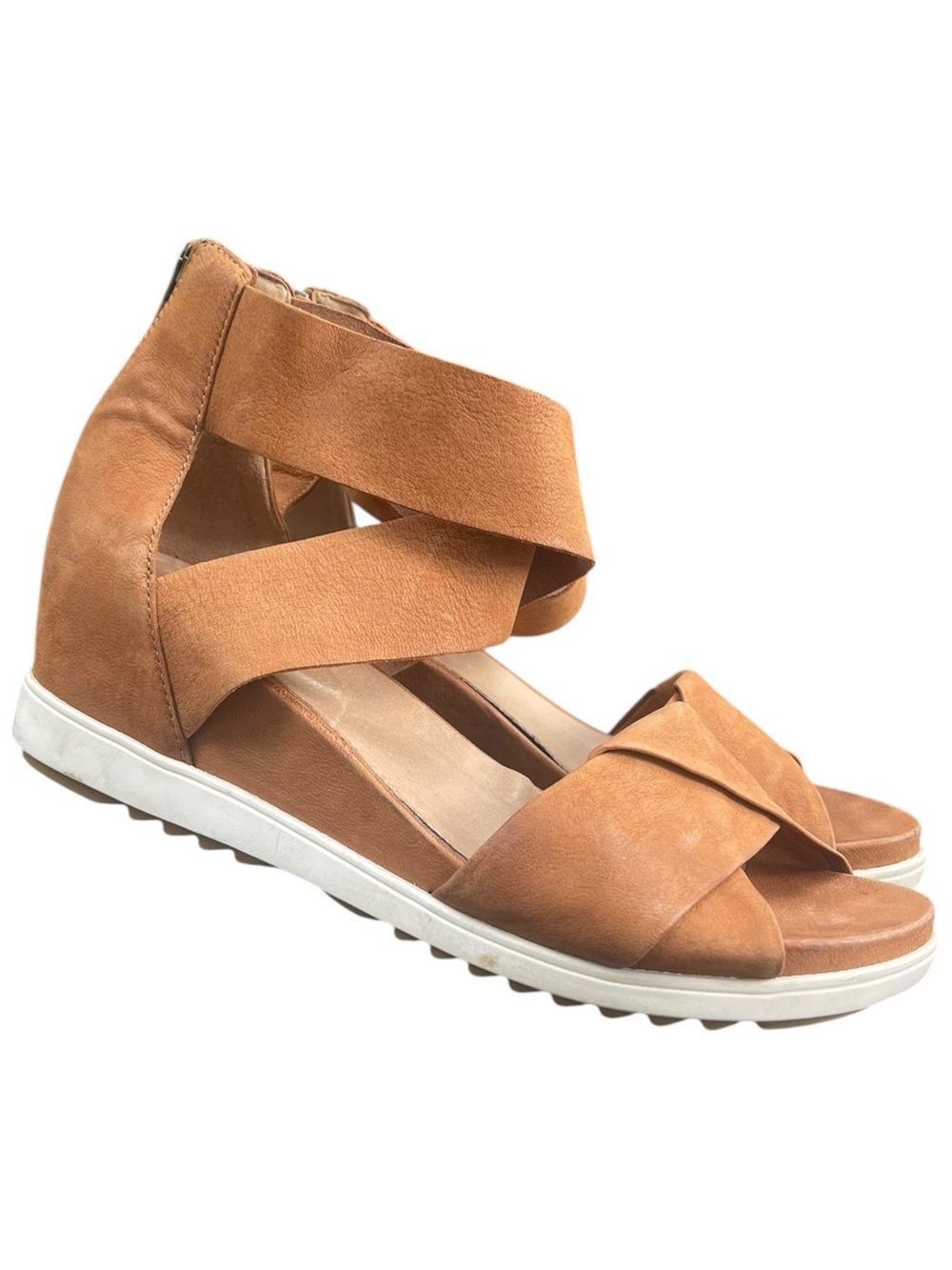 EILEEN FISHIR Viv Tumbled Nubuck Tan Strappy Wedge Sandals Size 8.5
